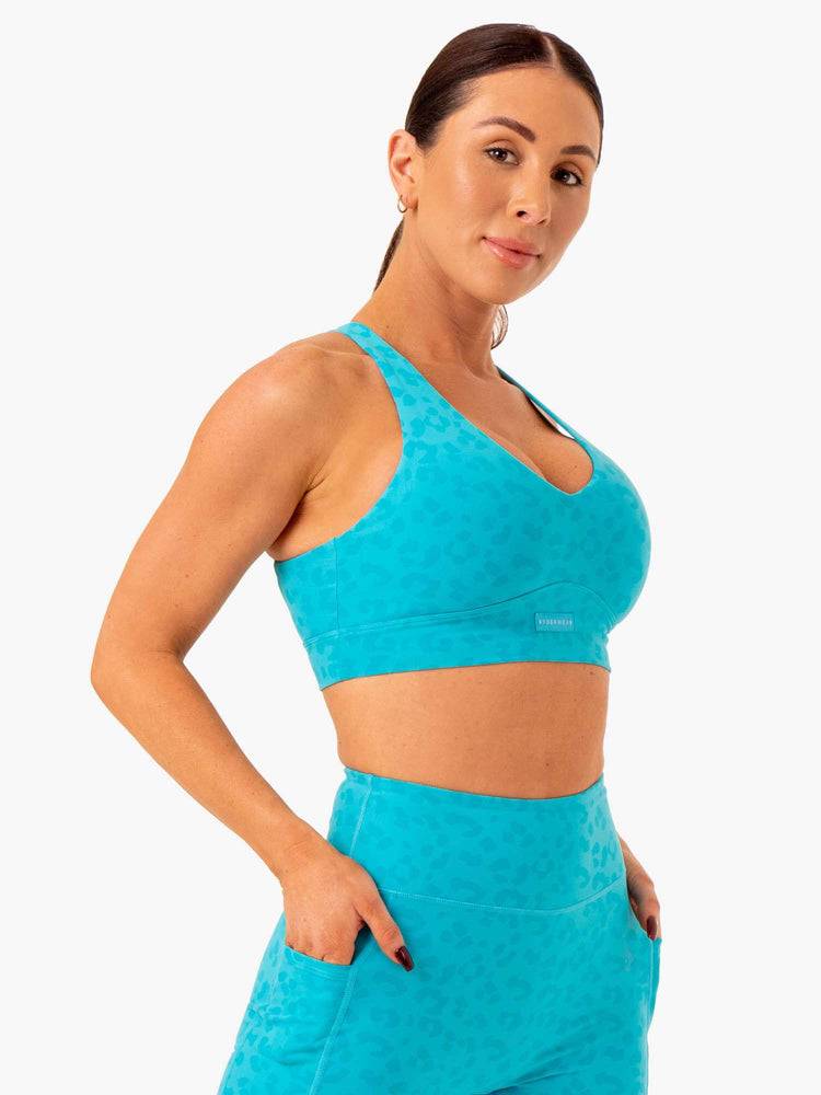 Aqua Leopard Ryderwear Women Sports Bra Ultra V-Neck Women's Sports Bra | AU2469DN