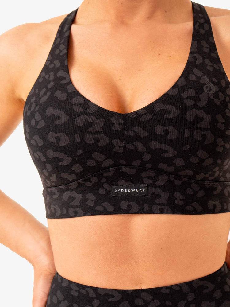 Black Leopard Ryderwear Women Sports Bra Ultra V-Neck Women's Sports Bra | AU2495DN