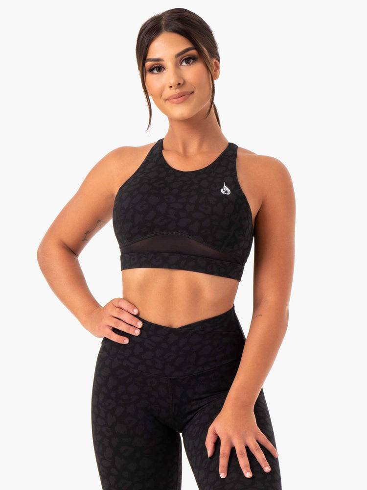 Black Leopard Ryderwear Women Sports Bra Amazon Mesh Women's Sports Bra | AU2504RW