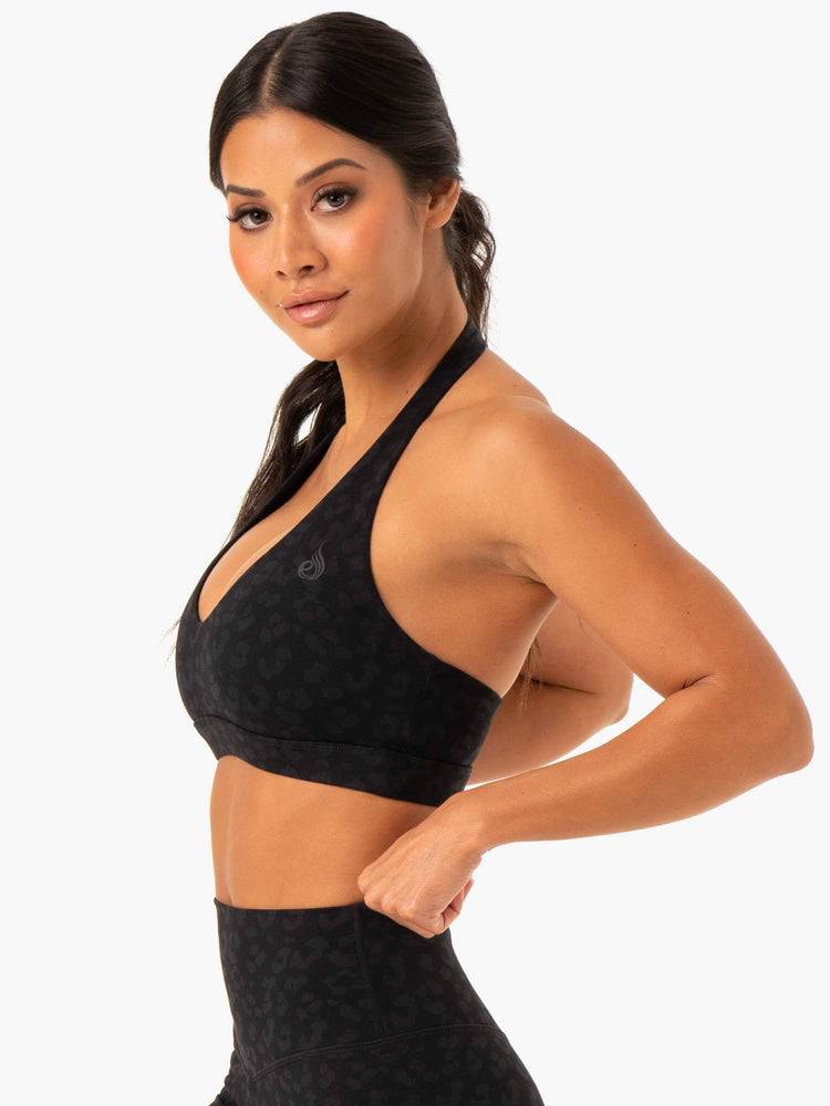 Black Leopard Ryderwear Women Sports Bra Hybrid Halter Women's Sports Bra | AU2532WY