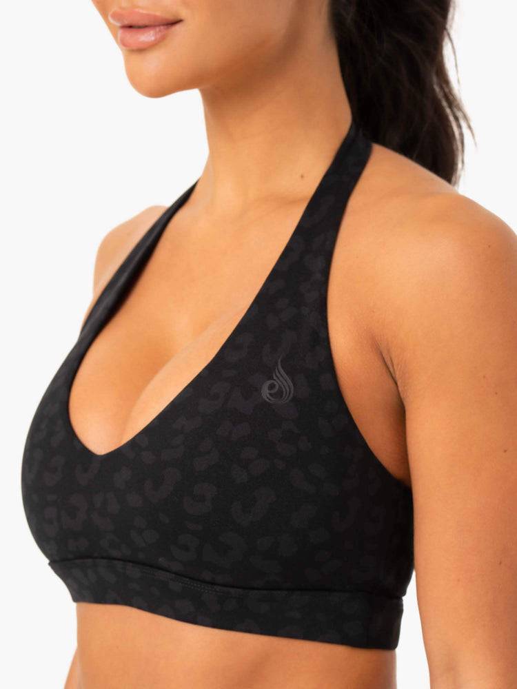 Black Leopard Ryderwear Women Sports Bra Hybrid Halter Women's Sports Bra | AU2532WY