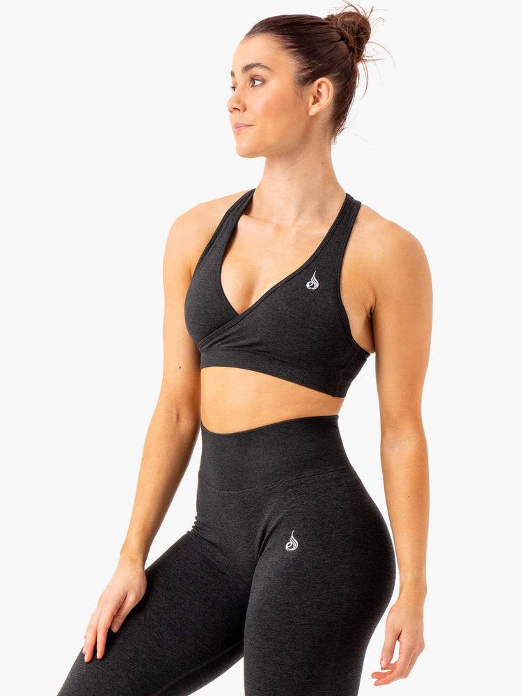 Black Marl Ryderwear Women Sports Bra Essential Seamless Cross Over Women's Sports Bra | AU2313DN