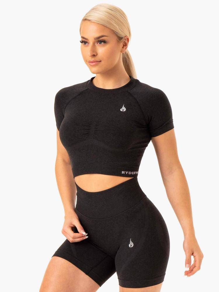 Black Marl Ryderwear Women T Shirts Sculpt Seamless Women's T Shirts | AU2713GL