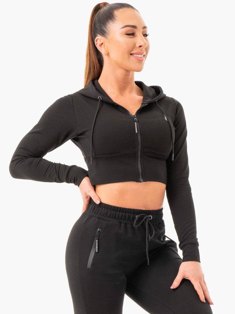 Black Ryderwear Women Hoodie Luxe Cropped Zip Women's Hoodie | AU1666TV