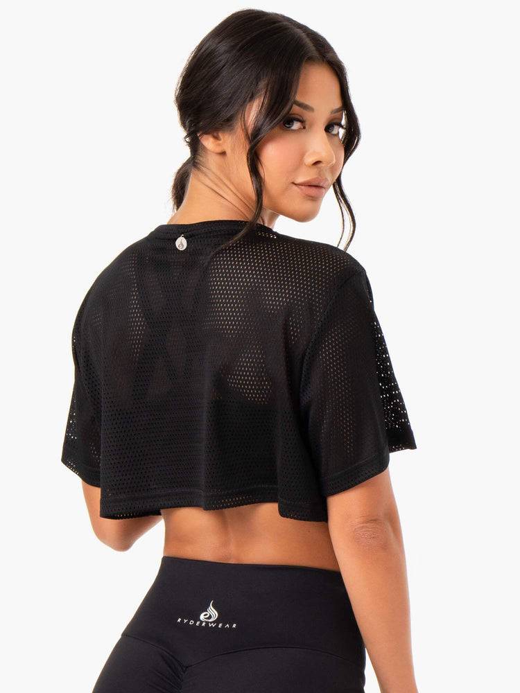 Black Ryderwear Women T Shirts Amazon Mesh Cropped Tee Women's T Shirts | AU2695GL