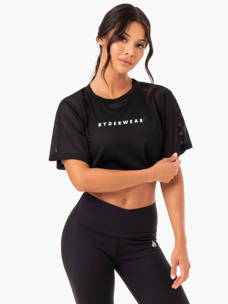 Black Ryderwear Women T Shirts Amazon Mesh Cropped Tee Women's T Shirts | AU2695GL