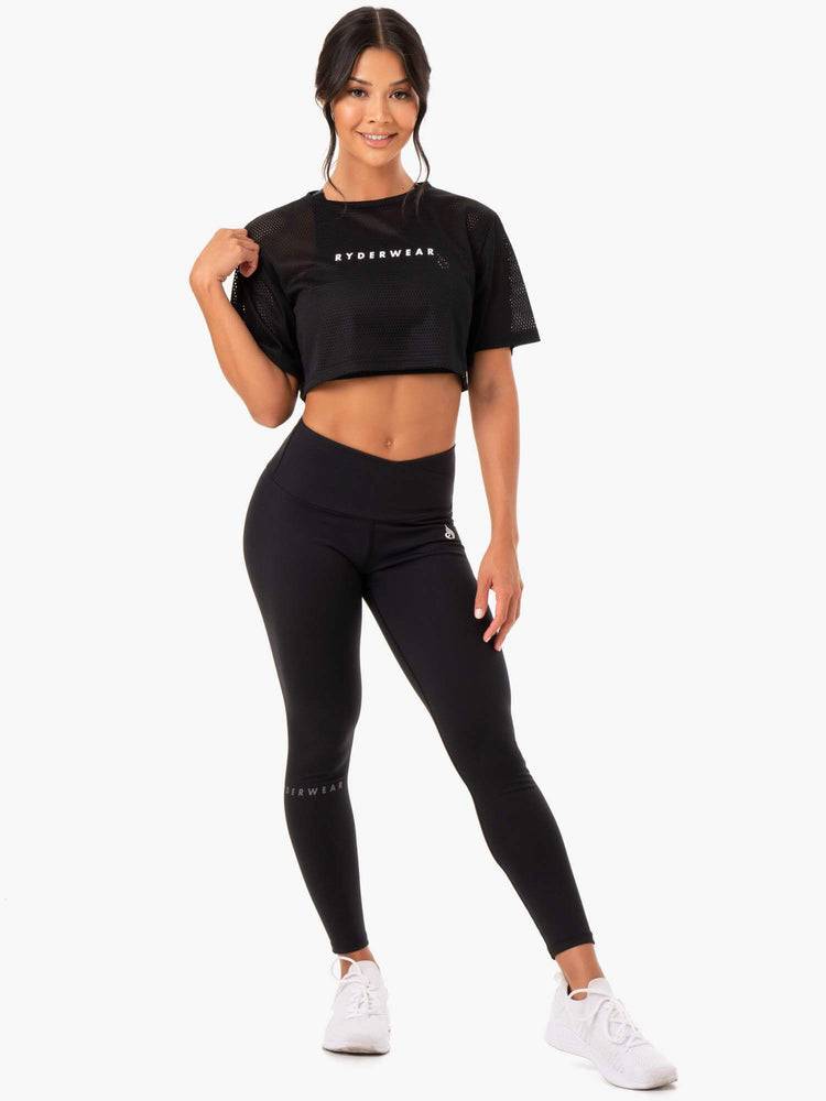 Black Ryderwear Women T Shirts Amazon Mesh Cropped Tee Women's T Shirts | AU2695GL