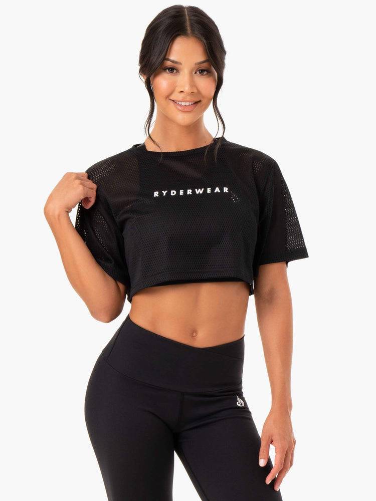 Black Ryderwear Women T Shirts Amazon Mesh Cropped Tee Women\'s T Shirts | AU2695GL