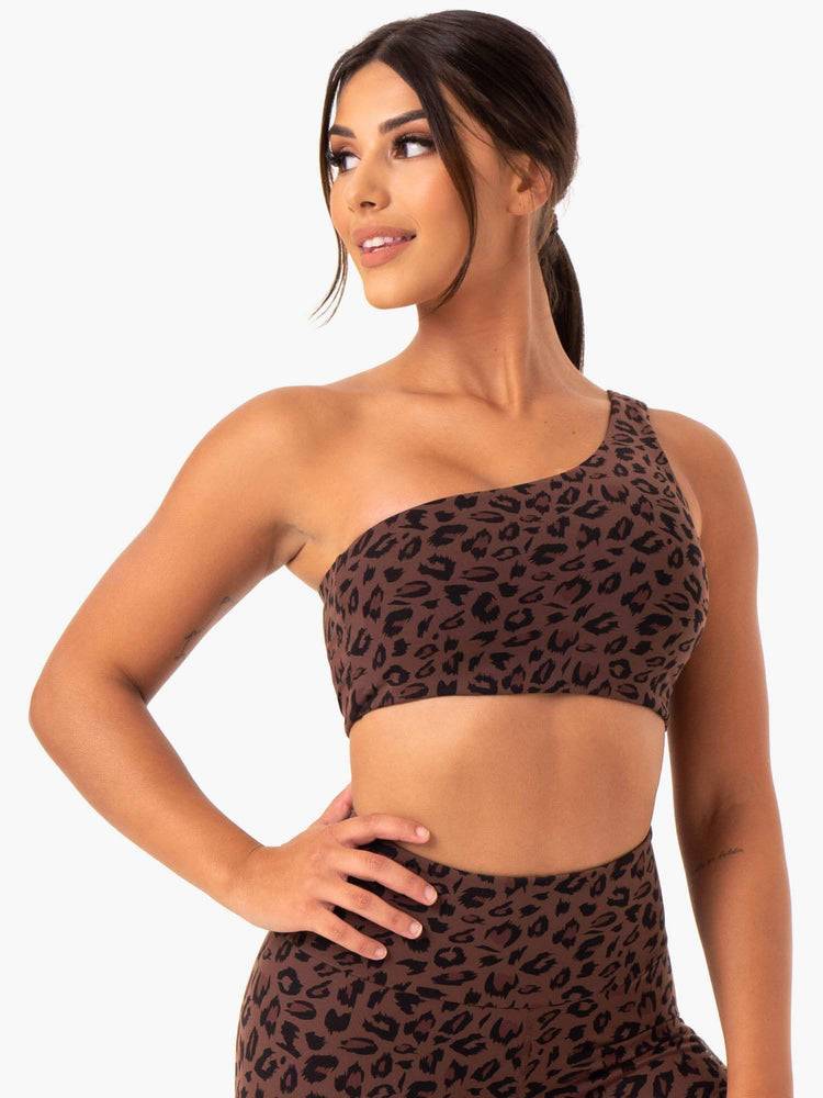 Chocolate Leopard Ryderwear Women Sports Bra Adapt One Shoulder Women's Sports Bra | AU2528YU