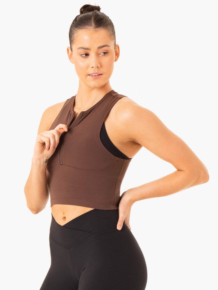 Chocolate Ryderwear Women Tanks Embody Zip Up Crop Women's Tanks | AU2822EX