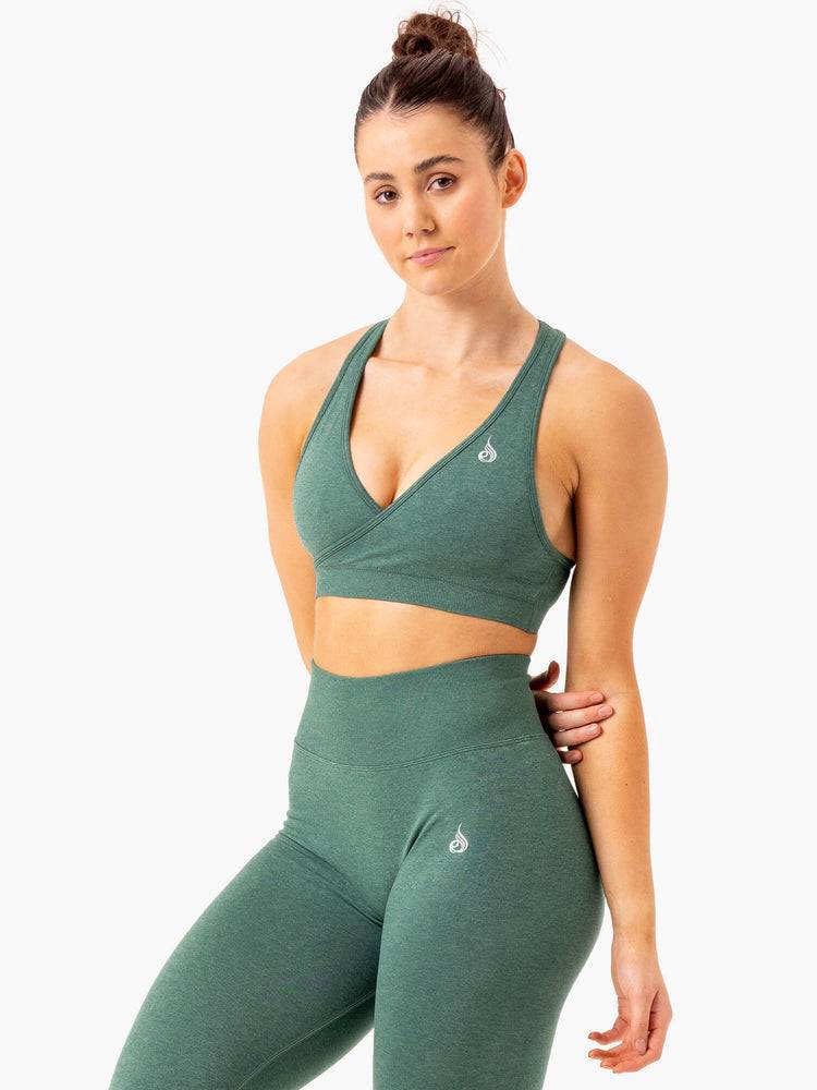 Green Marl Ryderwear Women Sports Bra Essential Seamless Cross Over Women's Sports Bra | AU2267IS