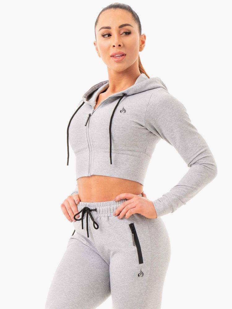 Grey Marl Ryderwear Women Hoodie Luxe Cropped Zip Women's Hoodie | AU1649FM