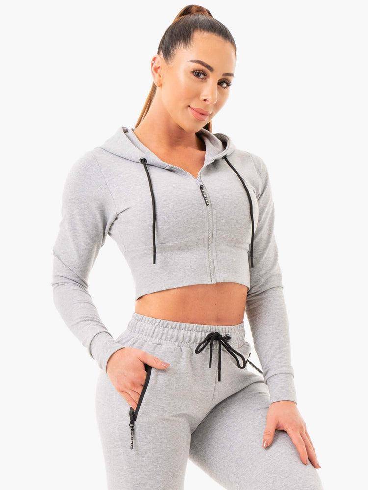 Grey Marl Ryderwear Women Hoodie Luxe Cropped Zip Women's Hoodie | AU1649FM