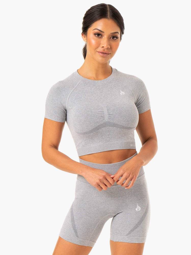 Grey Marl Ryderwear Women T Shirts Sculpt Seamless Women's T Shirts | AU2714FM