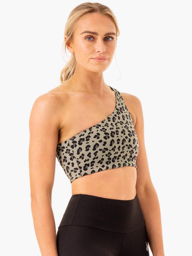 Khaki Leopard Ryderwear Women Sports Bra Adapt One Shoulder Women's Sports Bra | AU2392SO