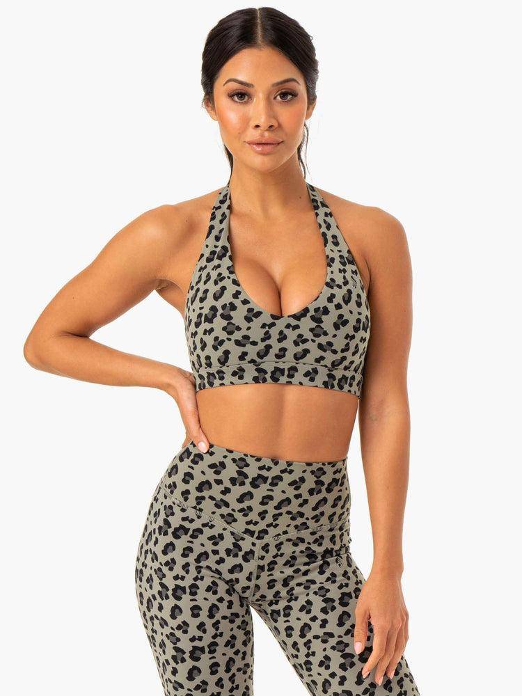 Khaki Leopard Ryderwear Women Sports Bra Hybrid Halter Women's Sports Bra | AU2492HK