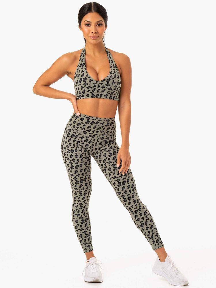 Khaki Leopard Ryderwear Women Sports Bra Hybrid Halter Women's Sports Bra | AU2492HK