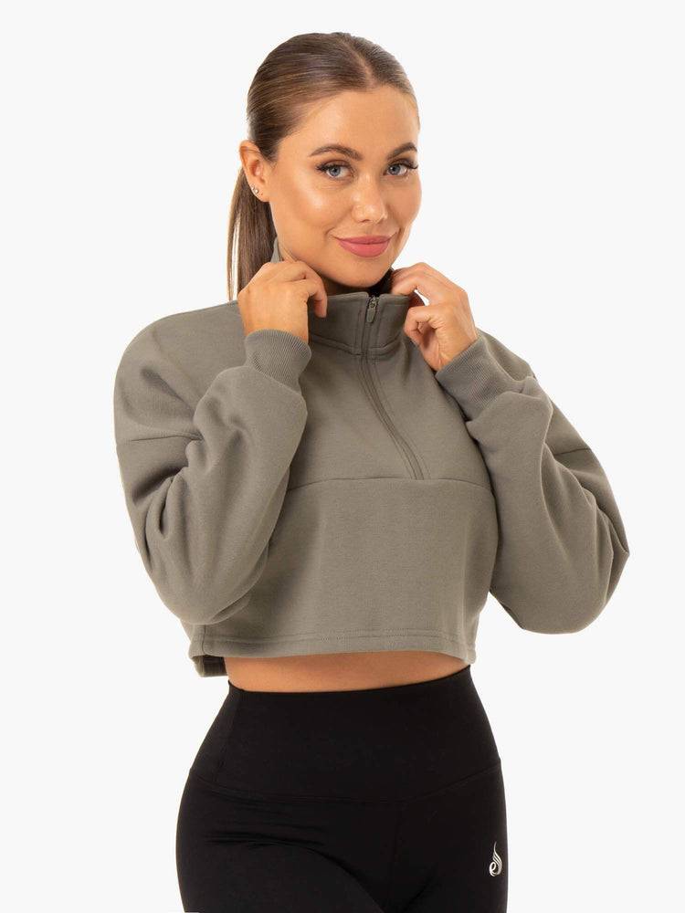 Khaki Ryderwear Women Hoodie Base Half Zip Jumper Women's Hoodie | AU1650GL