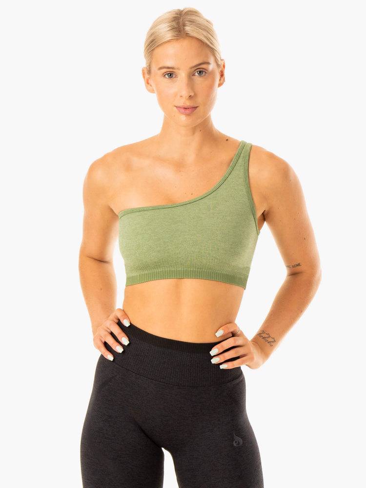 Moss Green Marl Ryderwear Women Sports Bra Excel Seamless One Shoulder Women's Sports Bra | AU2305ZG