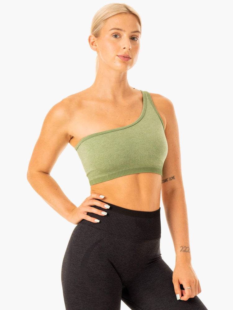 Moss Green Marl Ryderwear Women Sports Bra Excel Seamless One Shoulder Women's Sports Bra | AU2305ZG