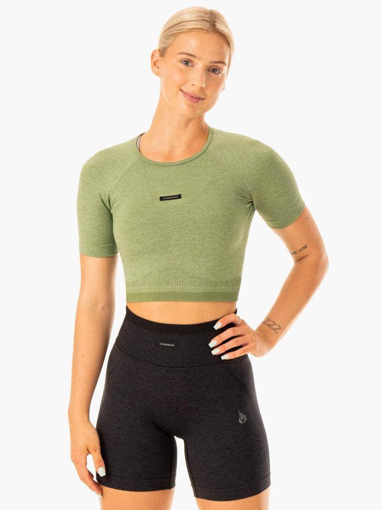 Moss Green Marl Ryderwear Women T Shirts Excel Seamless Women's T Shirts | AU2756BC