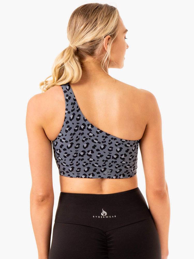 Steel Blue Leopard Ryderwear Women Sports Bra Adapt One Shoulder Women's Sports Bra | AU2416FM