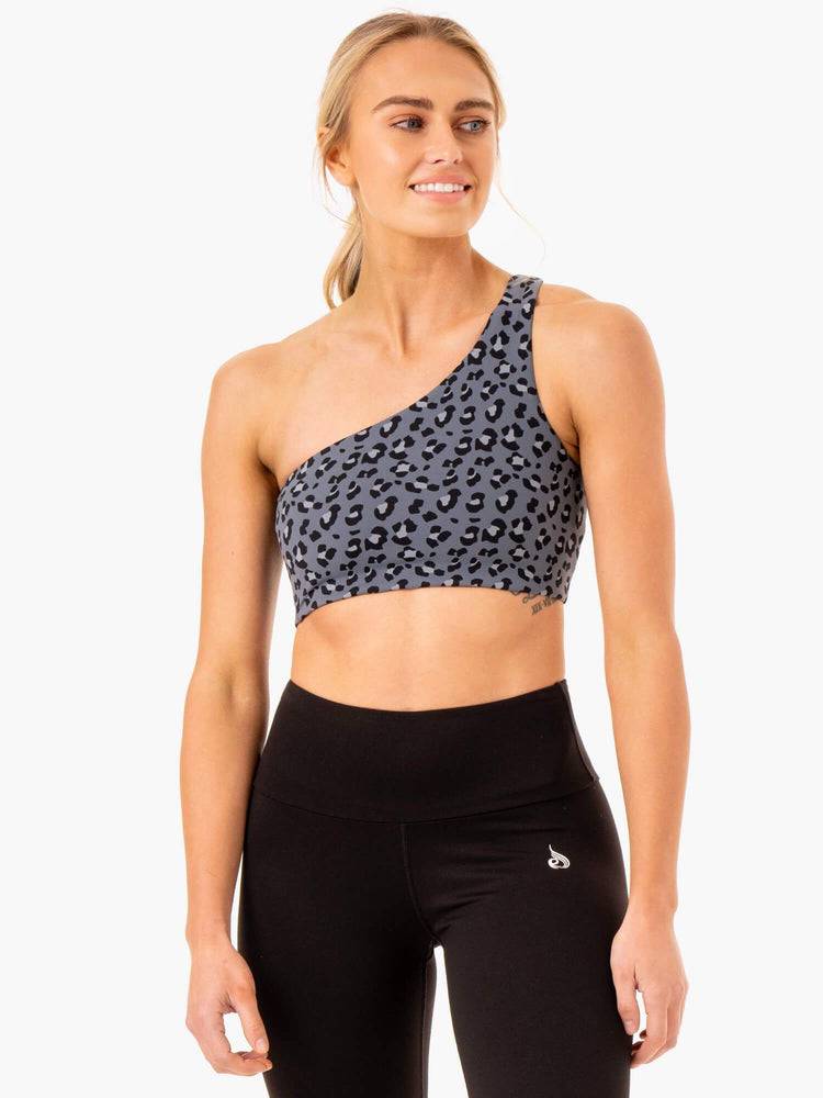 Steel Blue Leopard Ryderwear Women Sports Bra Adapt One Shoulder Women\'s Sports Bra | AU2416FM