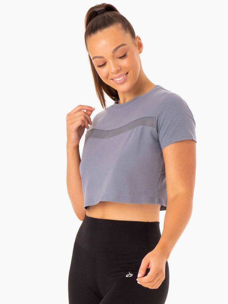 Steel Blue Ryderwear Women T Shirts Hybrid Mesh Tee Women's T Shirts | AU2710MA