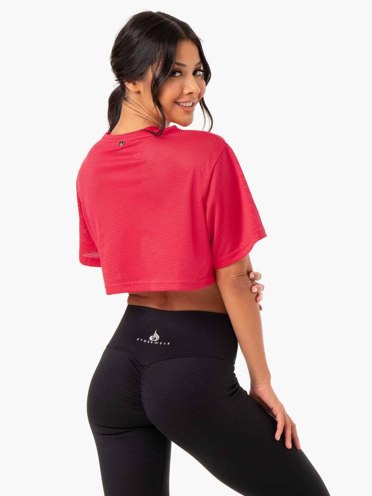 Strawberry Red Ryderwear Women T Shirts Amazon Mesh Cropped Tee Women's T Shirts | AU2696FM