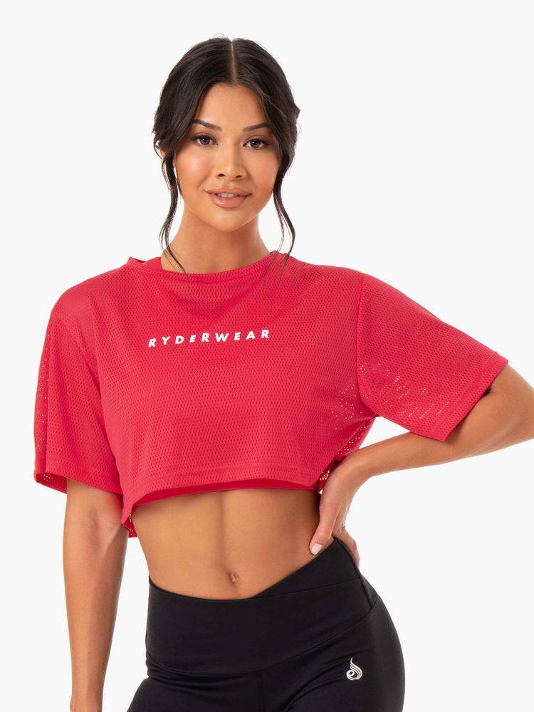 Strawberry Red Ryderwear Women T Shirts Amazon Mesh Cropped Tee Women's T Shirts | AU2696FM