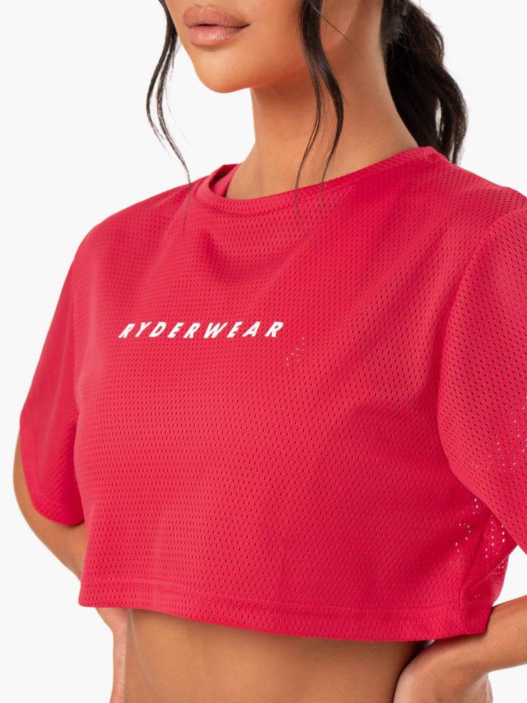 Strawberry Red Ryderwear Women T Shirts Amazon Mesh Cropped Tee Women's T Shirts | AU2696FM