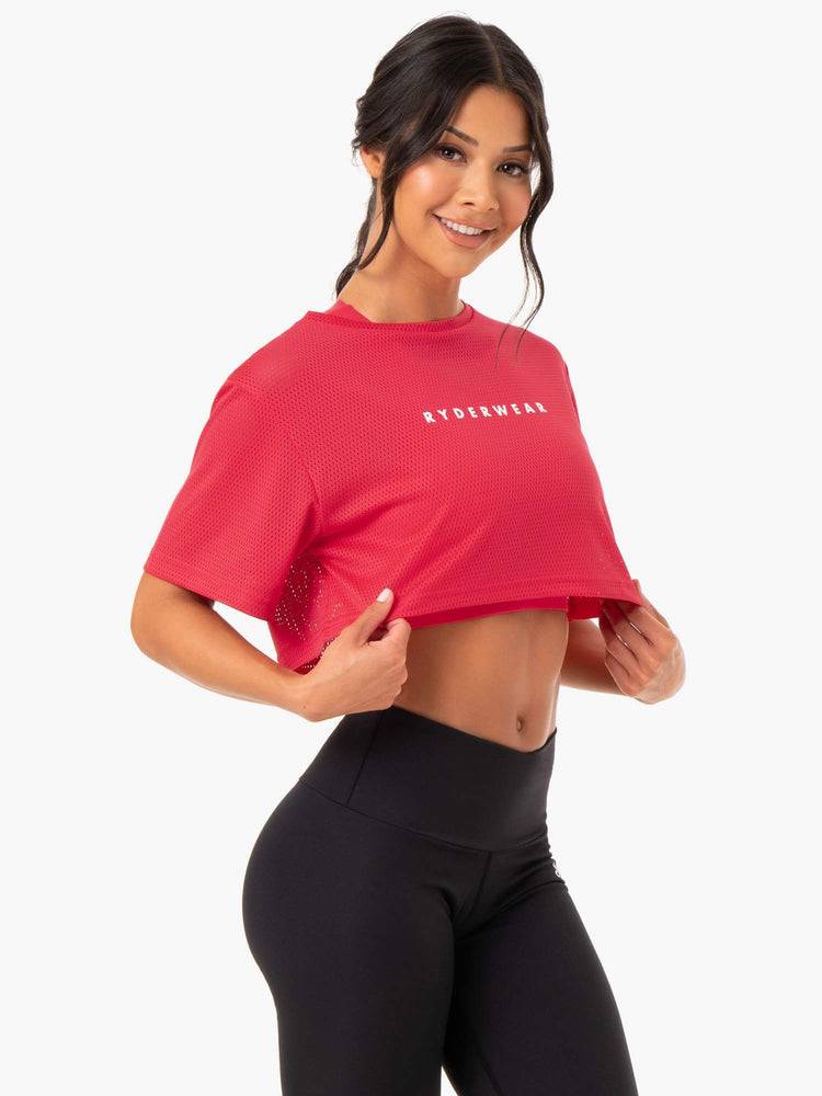 Strawberry Red Ryderwear Women T Shirts Amazon Mesh Cropped Tee Women\'s T Shirts | AU2696FM