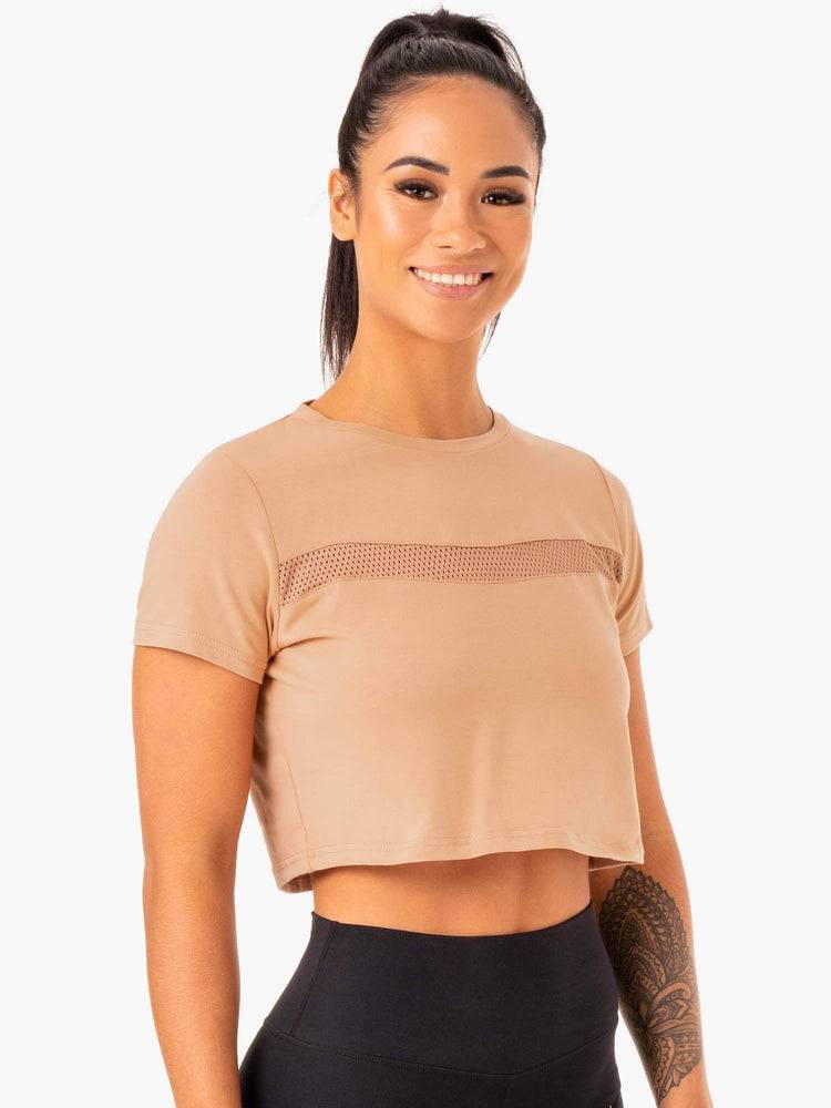 Tan Ryderwear Women T Shirts Hybrid Mesh Tee Women's T Shirts | AU2707EX