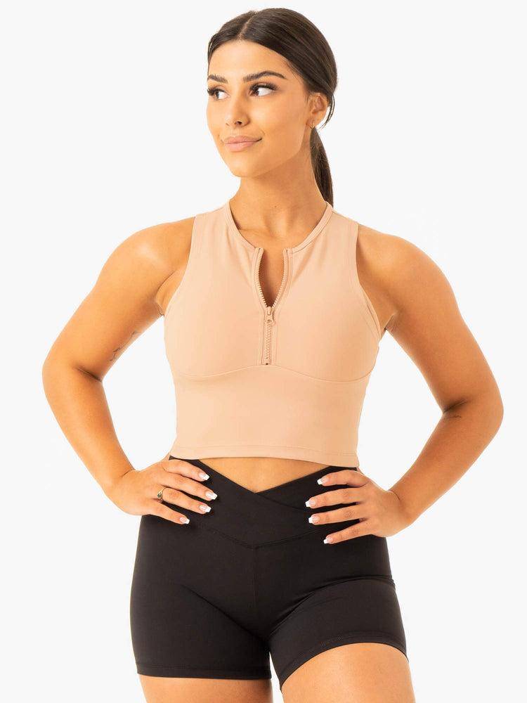 Tan Ryderwear Women Tanks Embody Zip Up Crop Women\'s Tanks | AU2833KI