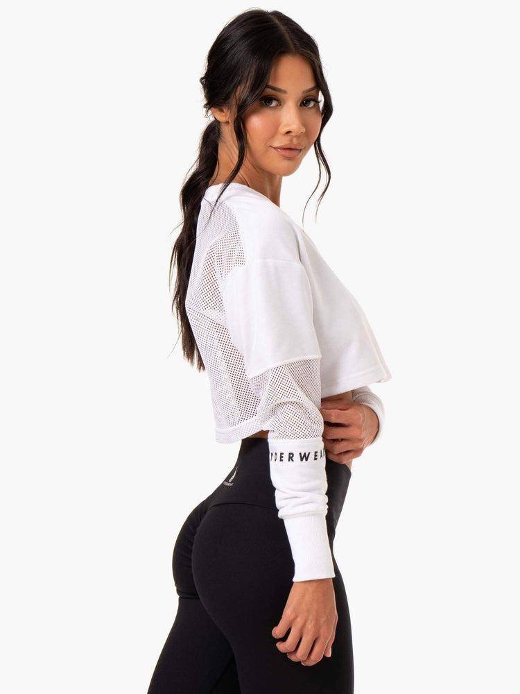 White Ryderwear Women Sweaters Amazon Mesh Cropped Women's Sweaters | AU2570HK