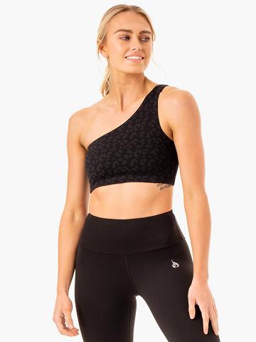 Black Leopard Ryderwear Women Sports Bra Adapt One Shoulder Women's Sports Bra | AU2466HK