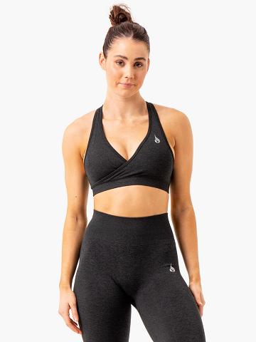 Black Marl Ryderwear Women Sports Bra Essential Seamless Cross Over Women's Sports Bra | AU2313DN