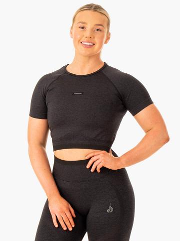 Black Marl Ryderwear Women T Shirts Excel Seamless Women's T Shirts | AU2752WY