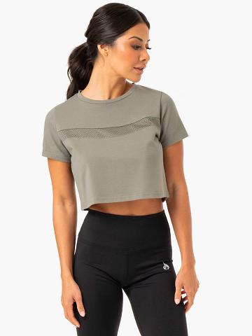 Khaki Ryderwear Women T Shirts Hybrid Mesh Tee Women's T Shirts | AU2709QZ