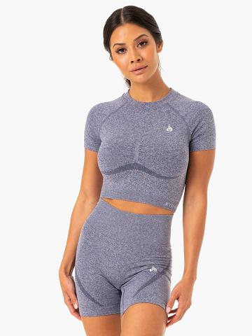 Navy Marl Ryderwear Women T Shirts Sculpt Seamless Women's T Shirts | AU2715DN