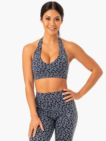 Steel Blue Leopard Ryderwear Women Sports Bra Hybrid Halter Women's Sports Bra | AU2498PQ