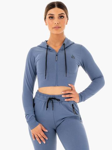 Steel Blue Ryderwear Women Hoodie Luxe Cropped Zip Women's Hoodie | AU1677HK