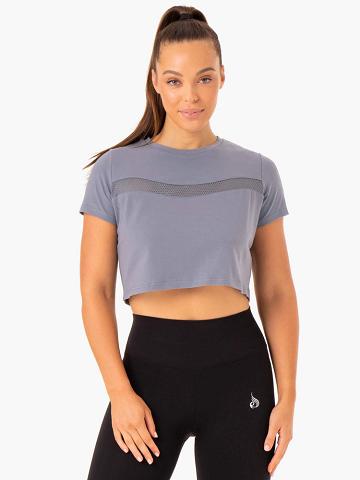 Steel Blue Ryderwear Women T Shirts Hybrid Mesh Tee Women's T Shirts | AU2710MA