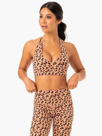 Tan Leopard Ryderwear Women Sports Bra Hybrid Halter Women's Sports Bra | AU2406BC