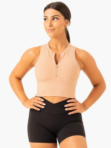 Tan Ryderwear Women Tanks Embody Zip Up Crop Women's Tanks | AU2833KI